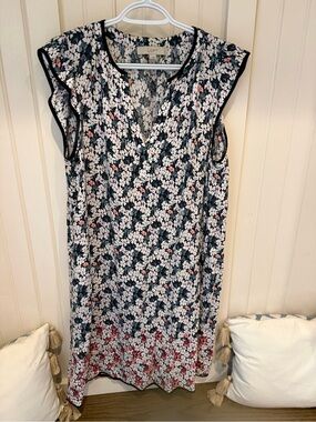 LOFT Navy Floral Midi Dress with Pink Accents
